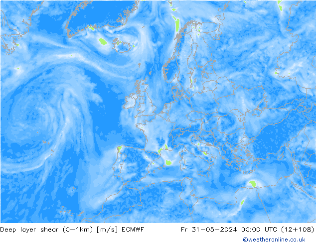 Deep layer shear (0-1km) ECMWF ven 31.05.2024 00 UTC