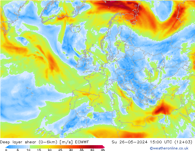 Deep layer shear (0-6km) ECMWF Ne 26.05.2024 15 UTC