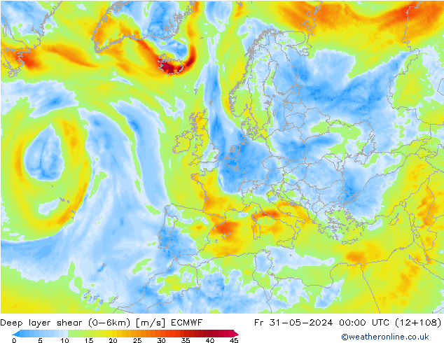 Deep layer shear (0-6km) ECMWF ven 31.05.2024 00 UTC