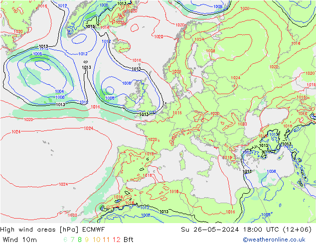 High wind areas ECMWF 星期日 26.05.2024 18 UTC