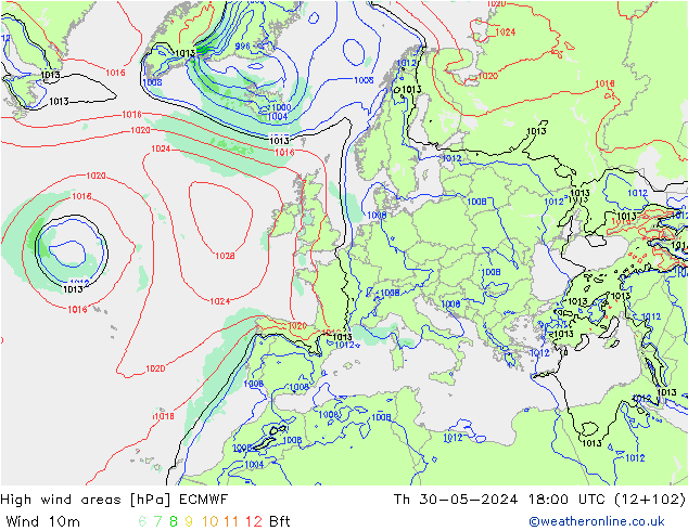 High wind areas ECMWF jue 30.05.2024 18 UTC