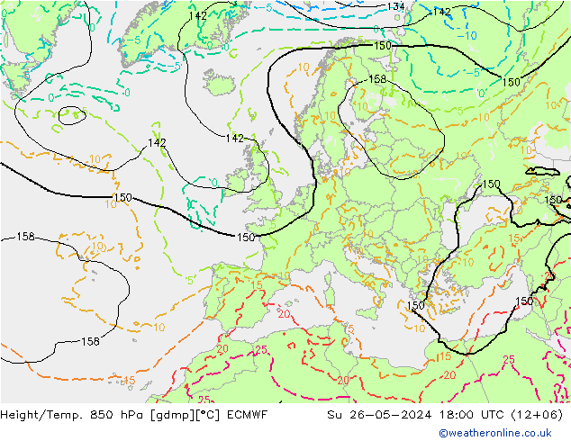 Z500/Yağmur (+YB)/Z850 ECMWF Paz 26.05.2024 18 UTC