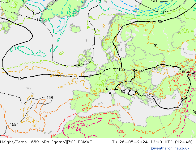 Hoogte/Temp. 850 hPa ECMWF di 28.05.2024 12 UTC