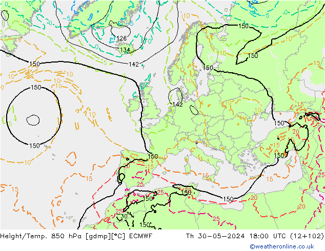 Geop./Temp. 850 hPa ECMWF jue 30.05.2024 18 UTC