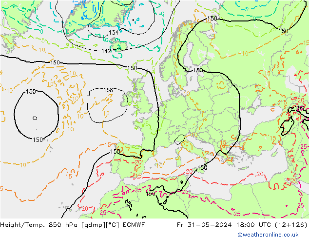 Hoogte/Temp. 850 hPa ECMWF vr 31.05.2024 18 UTC