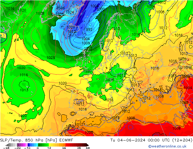 SLP/Temp. 850 hPa ECMWF Ter 04.06.2024 00 UTC