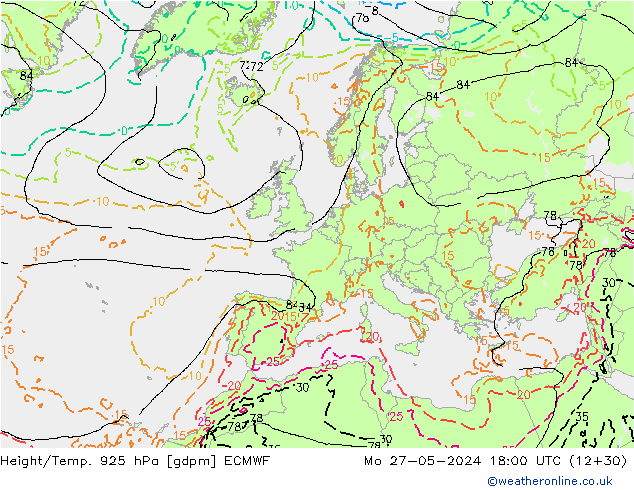 Geop./Temp. 925 hPa ECMWF lun 27.05.2024 18 UTC