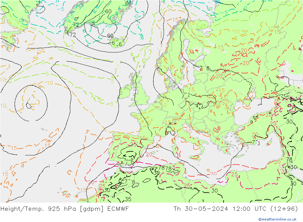 Geop./Temp. 925 hPa ECMWF jue 30.05.2024 12 UTC