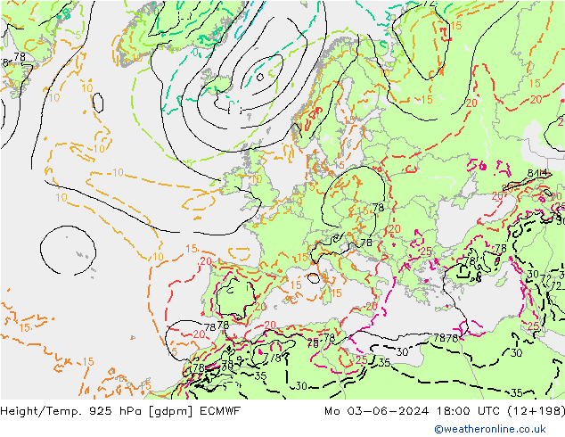 Height/Temp. 925 hPa ECMWF Mo 03.06.2024 18 UTC