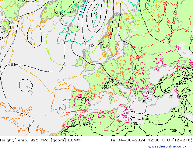 Height/Temp. 925 hPa ECMWF wto. 04.06.2024 12 UTC