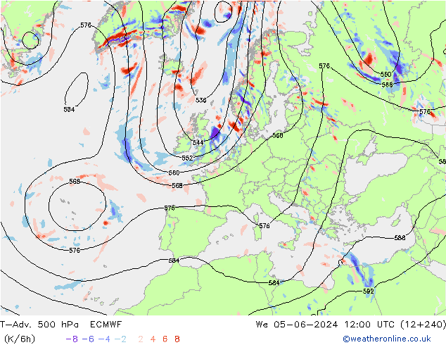 T-Adv. 500 hPa ECMWF mer 05.06.2024 12 UTC