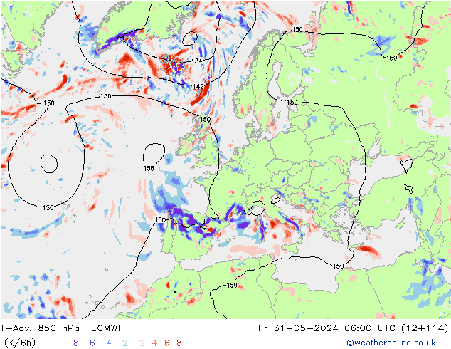 T-Adv. 850 гПа ECMWF пт 31.05.2024 06 UTC