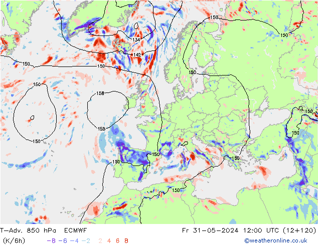 T-Adv. 850 hPa ECMWF Sex 31.05.2024 12 UTC