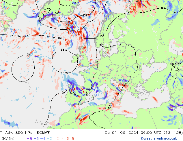 T-Adv. 850 hPa ECMWF sab 01.06.2024 06 UTC