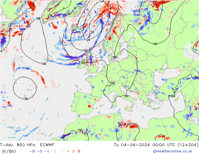 T-Adv. 850 hPa ECMWF Di 04.06.2024 00 UTC