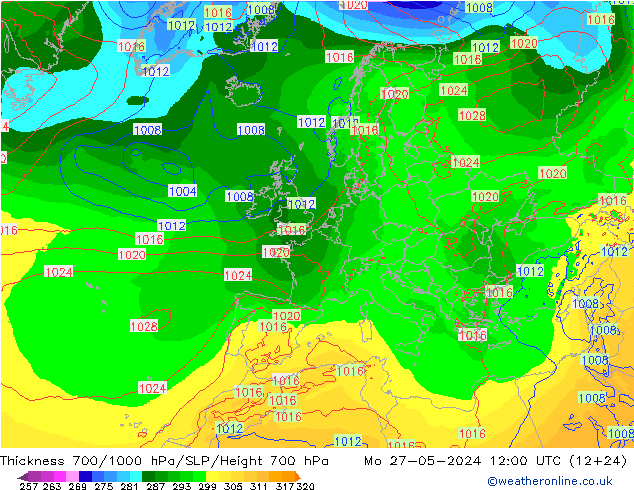 Thck 700-1000 hPa ECMWF Mo 27.05.2024 12 UTC