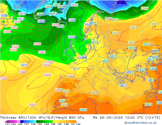 Dikte 850-1000 hPa ECMWF wo 29.05.2024 12 UTC