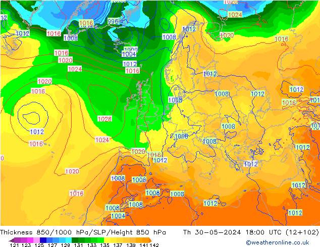 Thck 850-1000 hPa ECMWF gio 30.05.2024 18 UTC