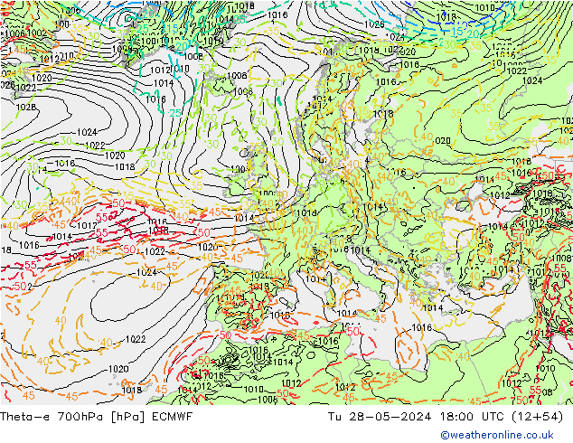 Theta-e 700гПа ECMWF вт 28.05.2024 18 UTC