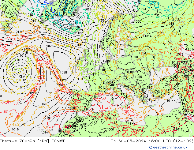 Theta-e 700hPa ECMWF Do 30.05.2024 18 UTC