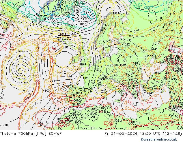 Theta-e 700hPa ECMWF Pá 31.05.2024 18 UTC