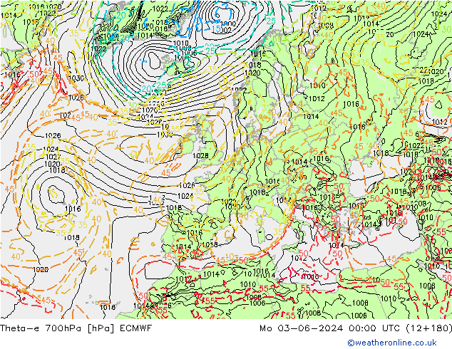 Theta-e 700hPa ECMWF Po 03.06.2024 00 UTC