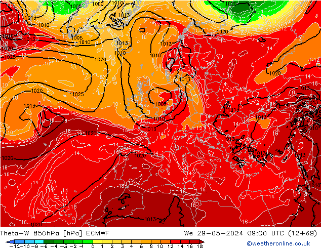 Theta-W 850hPa ECMWF mer 29.05.2024 09 UTC