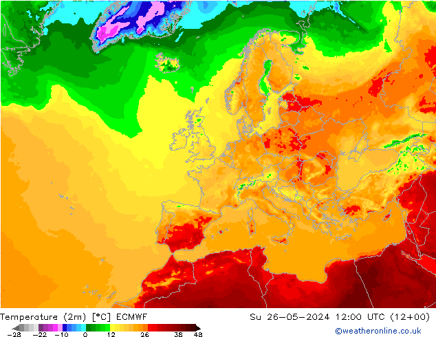 Temperaturkarte (2m) ECMWF So 26.05.2024 12 UTC