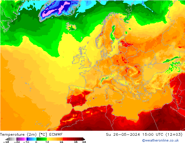 Temperature (2m) ECMWF Su 26.05.2024 15 UTC