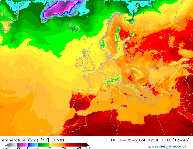 Temperatura (2m) ECMWF Qui 30.05.2024 12 UTC