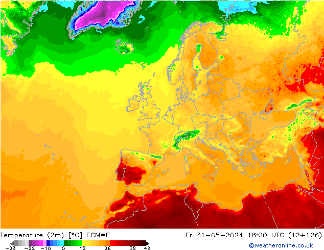 Temperature (2m) ECMWF Fr 31.05.2024 18 UTC