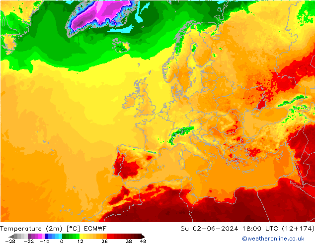 Sıcaklık Haritası (2m) ECMWF Paz 02.06.2024 18 UTC