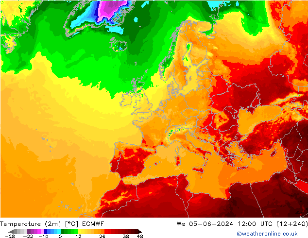 Temperature (2m) ECMWF St 05.06.2024 12 UTC