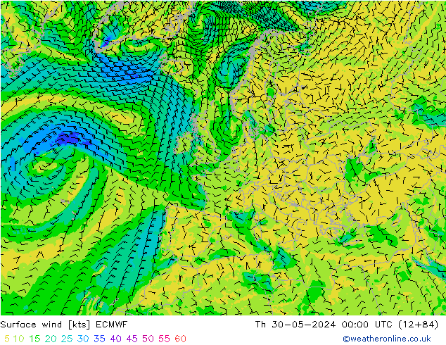 Vento 10 m ECMWF gio 30.05.2024 00 UTC