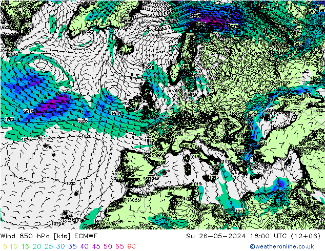 Vento 850 hPa ECMWF Dom 26.05.2024 18 UTC