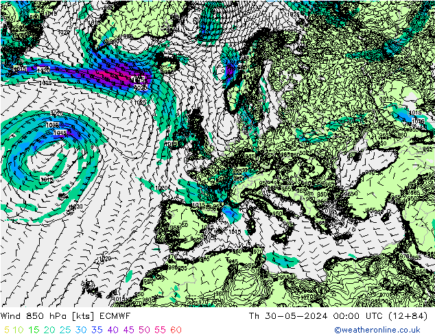 Wind 850 hPa ECMWF Čt 30.05.2024 00 UTC