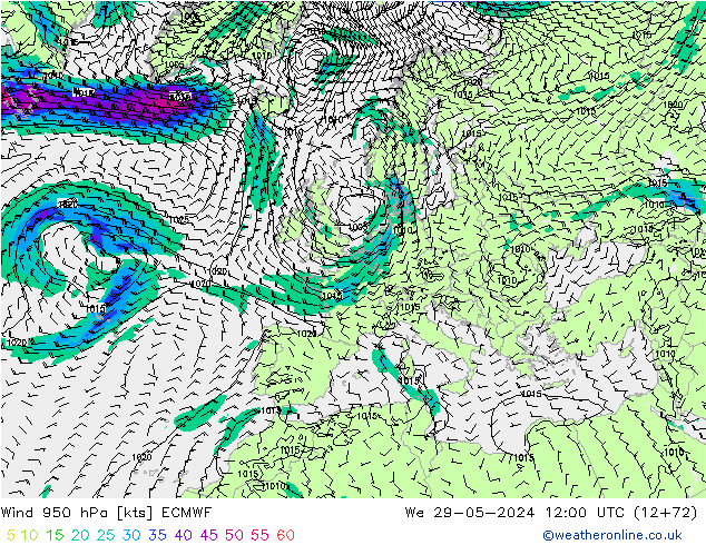 Wind 950 hPa ECMWF We 29.05.2024 12 UTC