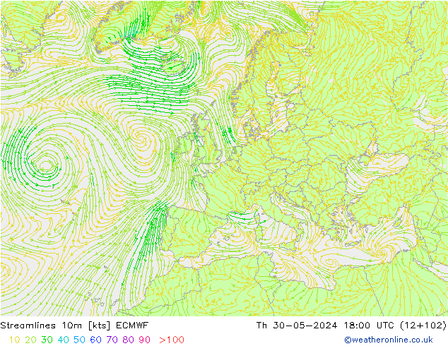 Streamlines 10m ECMWF Th 30.05.2024 18 UTC