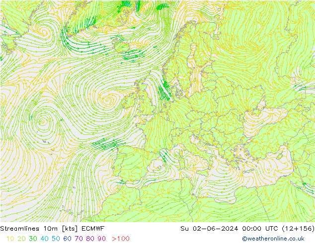 Streamlines 10m ECMWF Su 02.06.2024 00 UTC