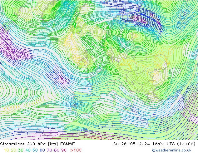 Streamlines 200 hPa ECMWF Su 26.05.2024 18 UTC