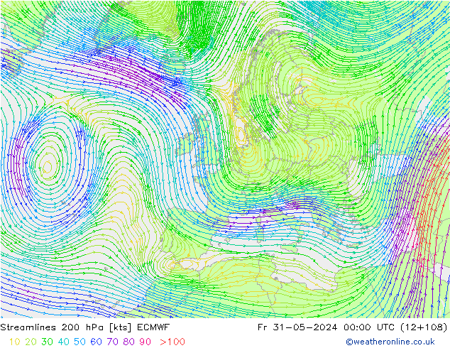 Línea de corriente 200 hPa ECMWF vie 31.05.2024 00 UTC