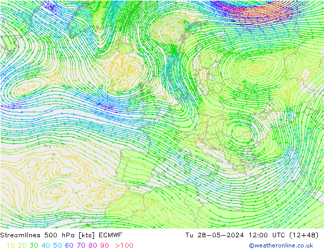 Streamlines 500 hPa ECMWF Tu 28.05.2024 12 UTC