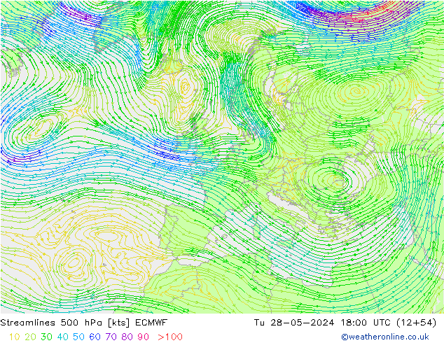 Stromlinien 500 hPa ECMWF Di 28.05.2024 18 UTC