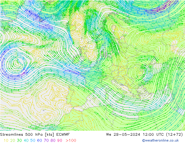 Stroomlijn 500 hPa ECMWF wo 29.05.2024 12 UTC