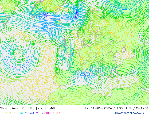 Linha de corrente 500 hPa ECMWF Sex 31.05.2024 18 UTC