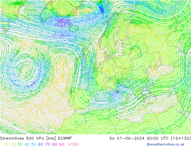 Linea di flusso 500 hPa ECMWF sab 01.06.2024 00 UTC