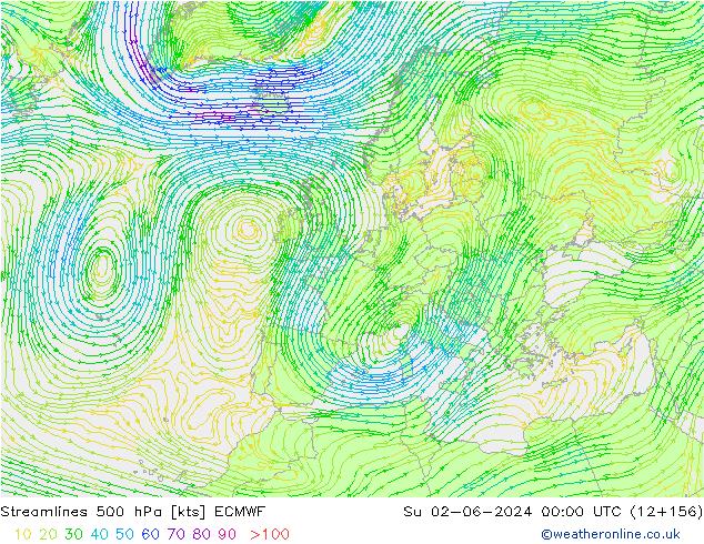 Ligne de courant 500 hPa ECMWF dim 02.06.2024 00 UTC