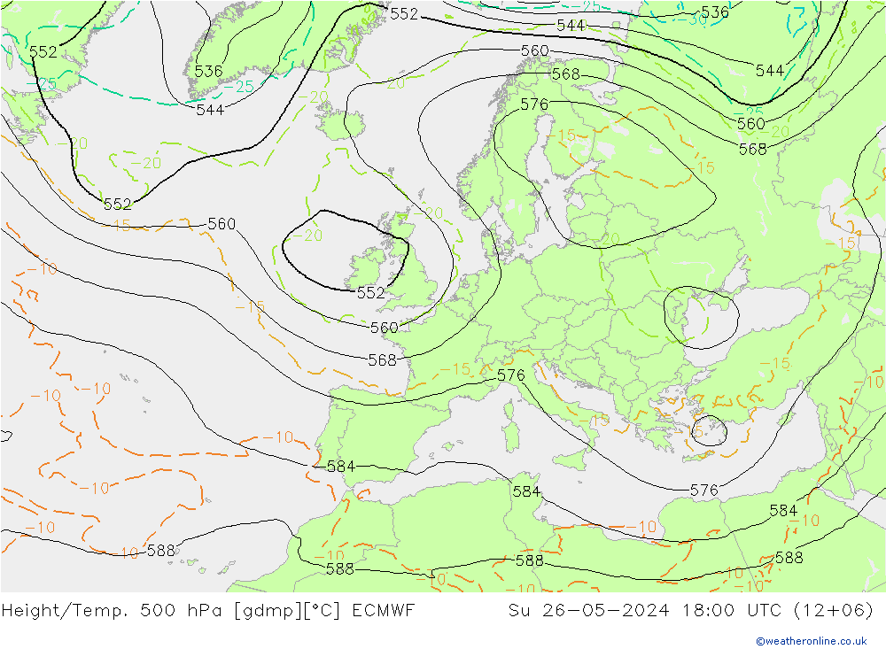 Z500/Rain (+SLP)/Z850 ECMWF nie. 26.05.2024 18 UTC