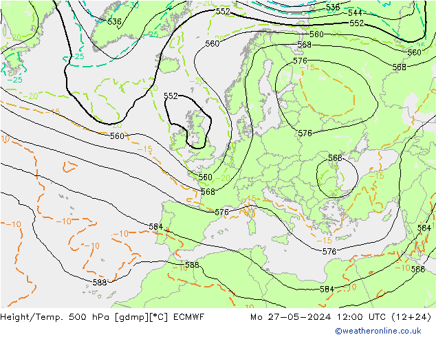 Z500/Rain (+SLP)/Z850 ECMWF Mo 27.05.2024 12 UTC