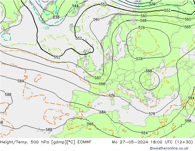 Z500/Rain (+SLP)/Z850 ECMWF Mo 27.05.2024 18 UTC